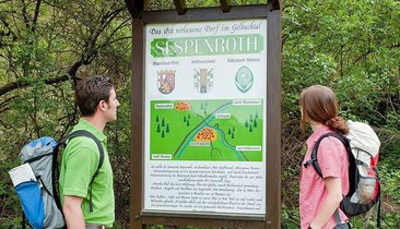 Zwei Personen betrachten eine Informationstafel im Gebiet Sespenroth