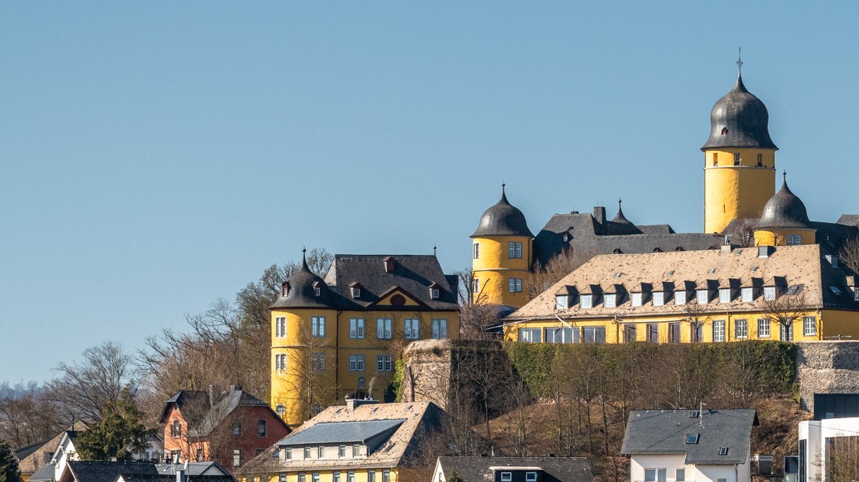 Eine Burg thront über einer Stadt mit gewöhnlicher Architektur im Vordergrund.