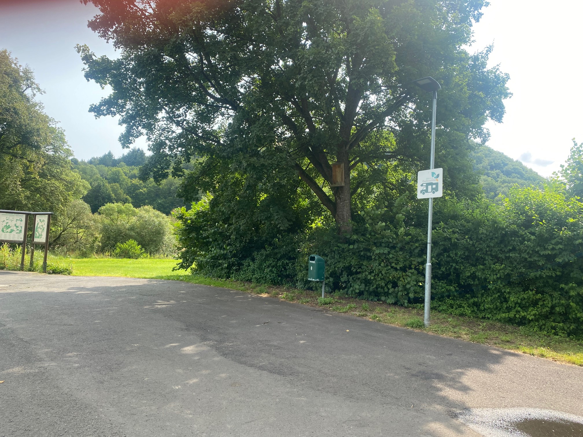 Eine Parkstraße mit einem Wegweiser und einem Baum im Hintergrund